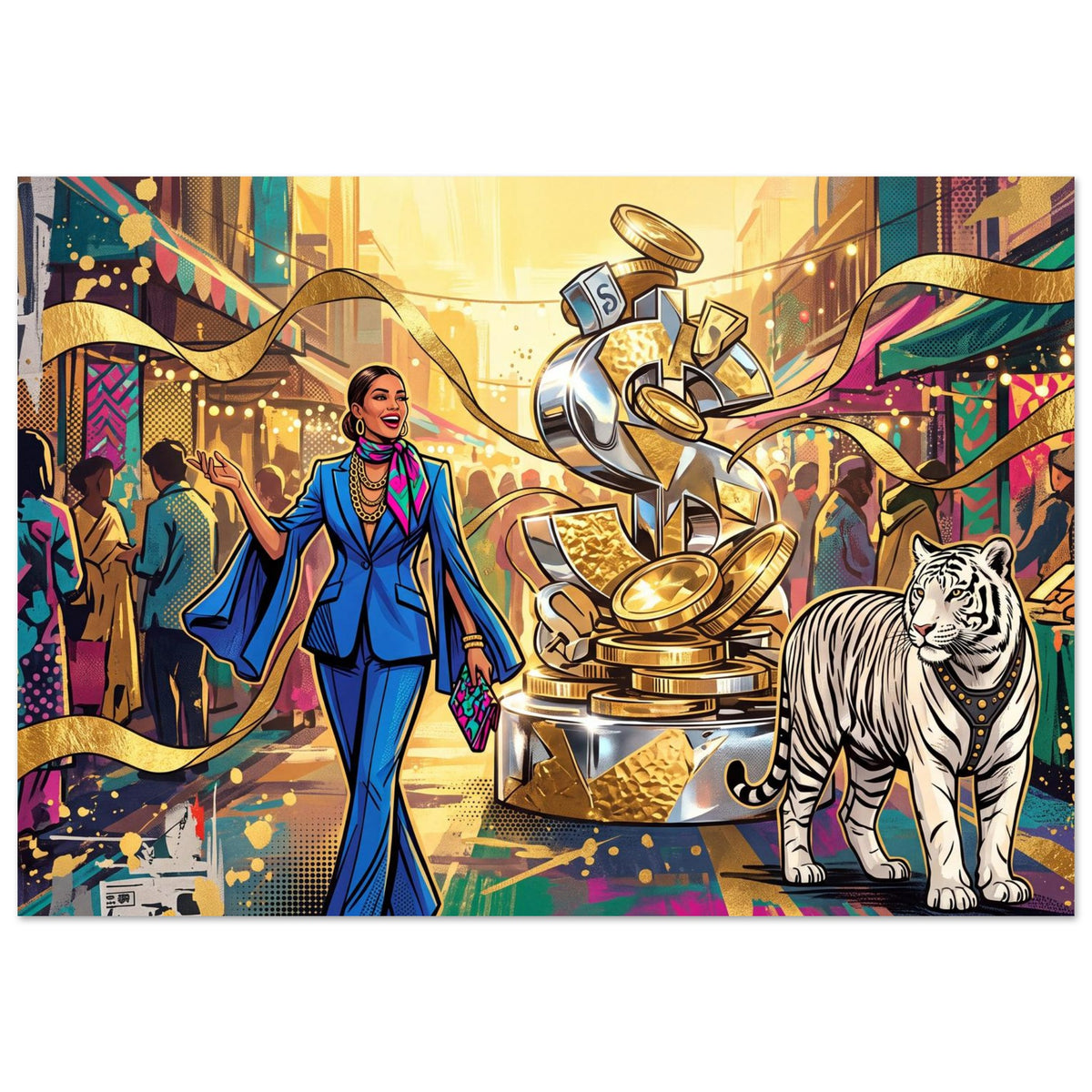 Chrome Fortune – White Tiger & Cobalt Power | Aluminium 70×100 cm (28×40 in) – Landscape — product image 1