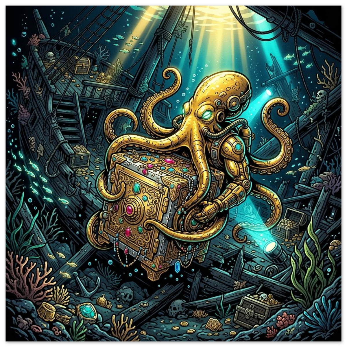 Golden Octopus Treasure Salvager | Foam 60×60 cm (24×24 in) – Square — Foam Wall Art — product image 1