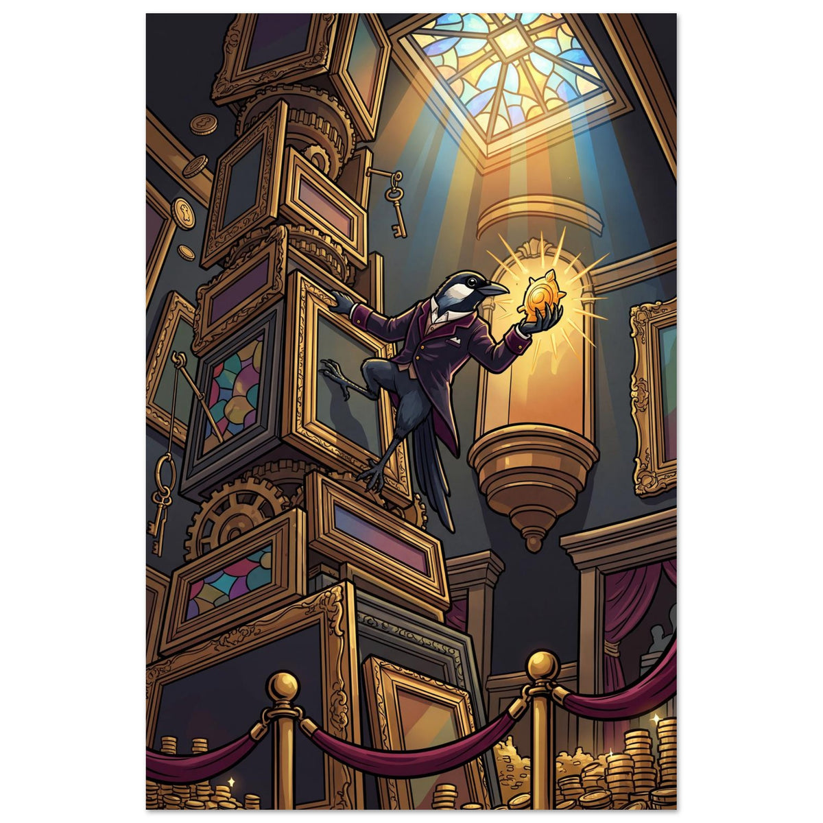 Fantasy-Wandbild: ein eleganter Vogel in Anzug zwischen Bilderrahmen und Goldlicht, Foam, 50×75 cm, Hochformat.