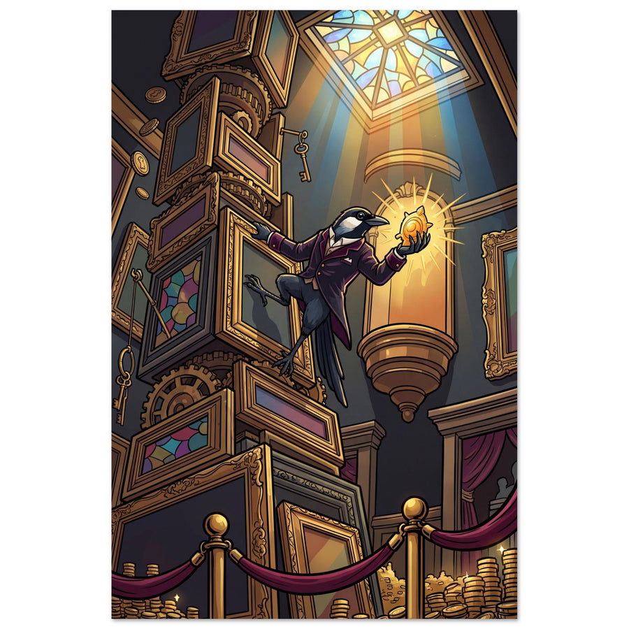 Fantasy-Wandbild: ein eleganter Vogel in Anzug zwischen Bilderrahmen und Goldlicht, Foam, 50×75 cm, Hochformat.