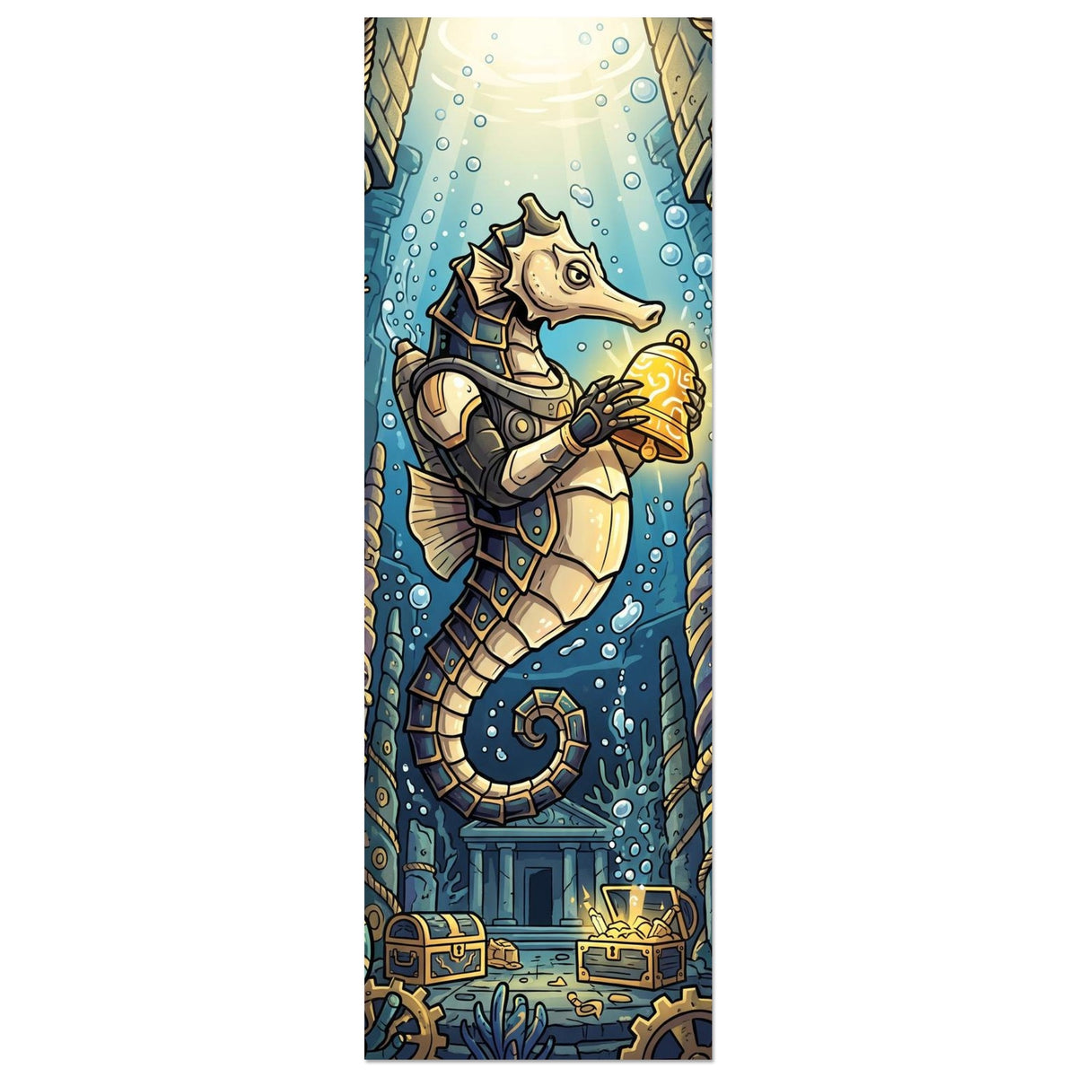 The Warden of the Golden Dragon Path — armored guardian with dragon motif and glowing artifact, Aluminium 30×90 cm, portrait.