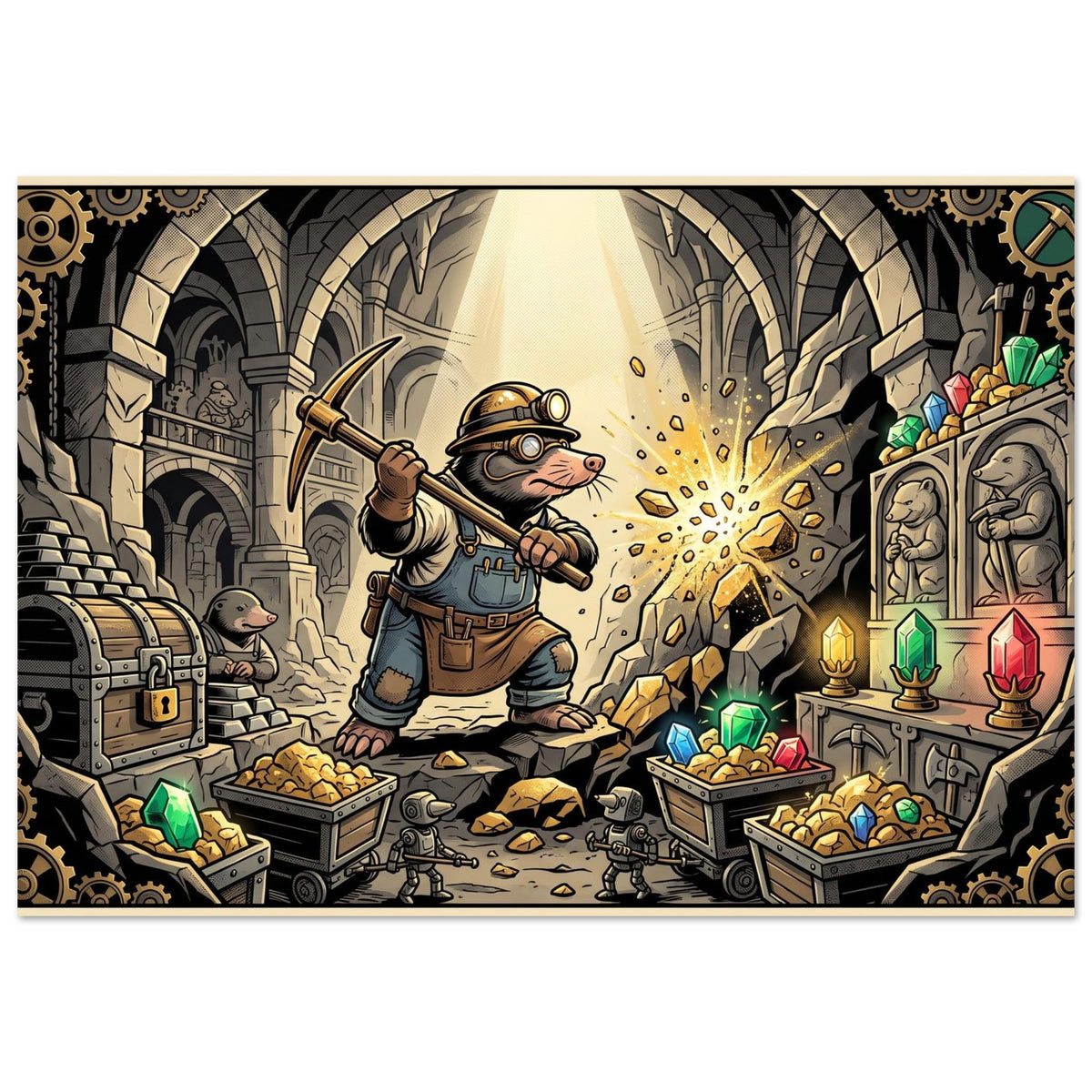 Fantasy wall art depicting an alchemist in a medieval treasure workshop, surrounded by glowing crystals, warm lantern light, stone walls and golden details; Aluminum Dibond, 70×100 cm, landscape format.