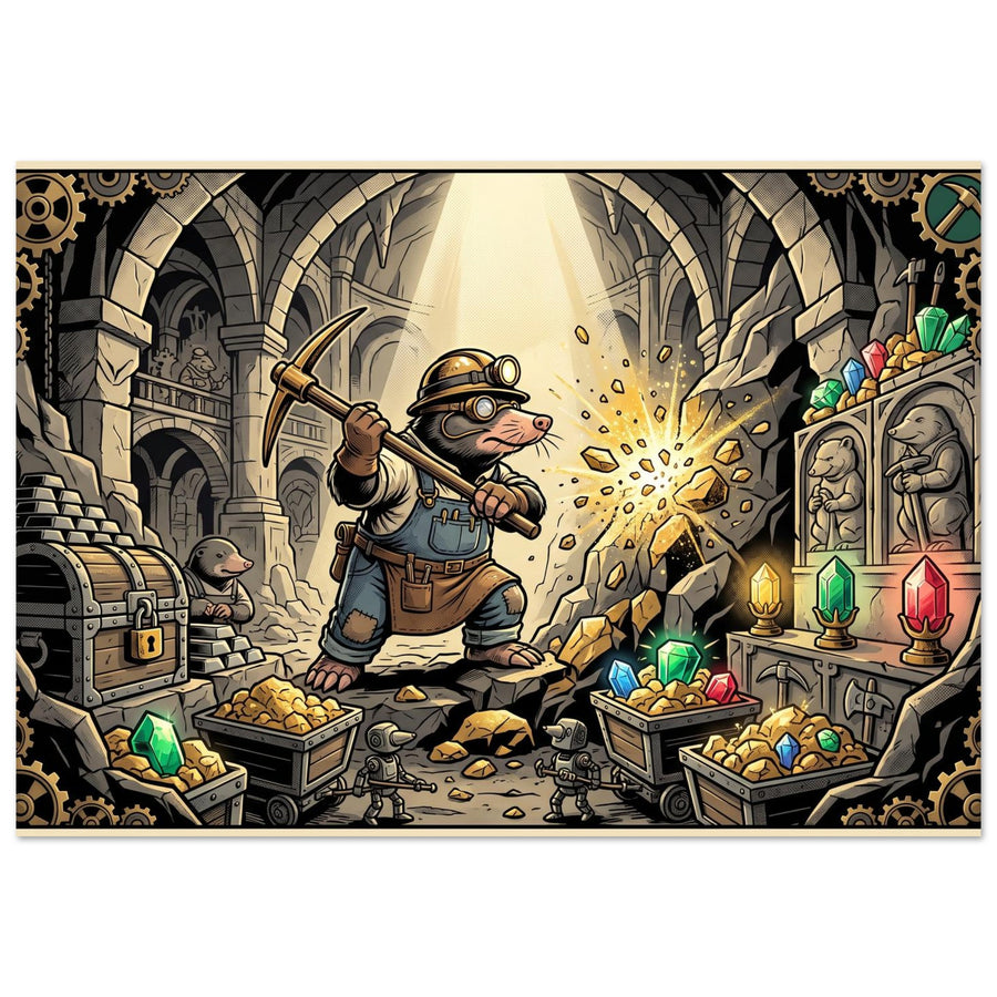 Fantasy wall art depicting an alchemist in a medieval treasure workshop, surrounded by glowing crystals, warm lantern light, stone walls and golden details; Aluminum Dibond, 70×100 cm, landscape format.
