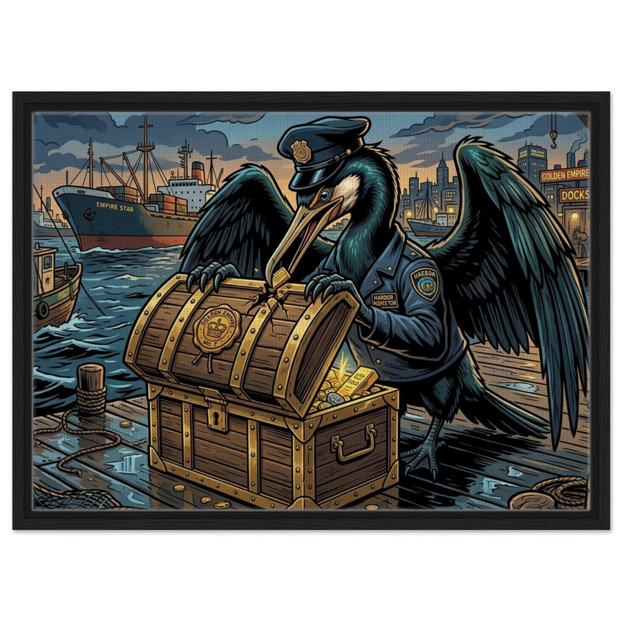 Cormorant Harbor Treasure Inspector | Framed Canvas 50×70 cm (20×28 in) – Landscape — product image 1
