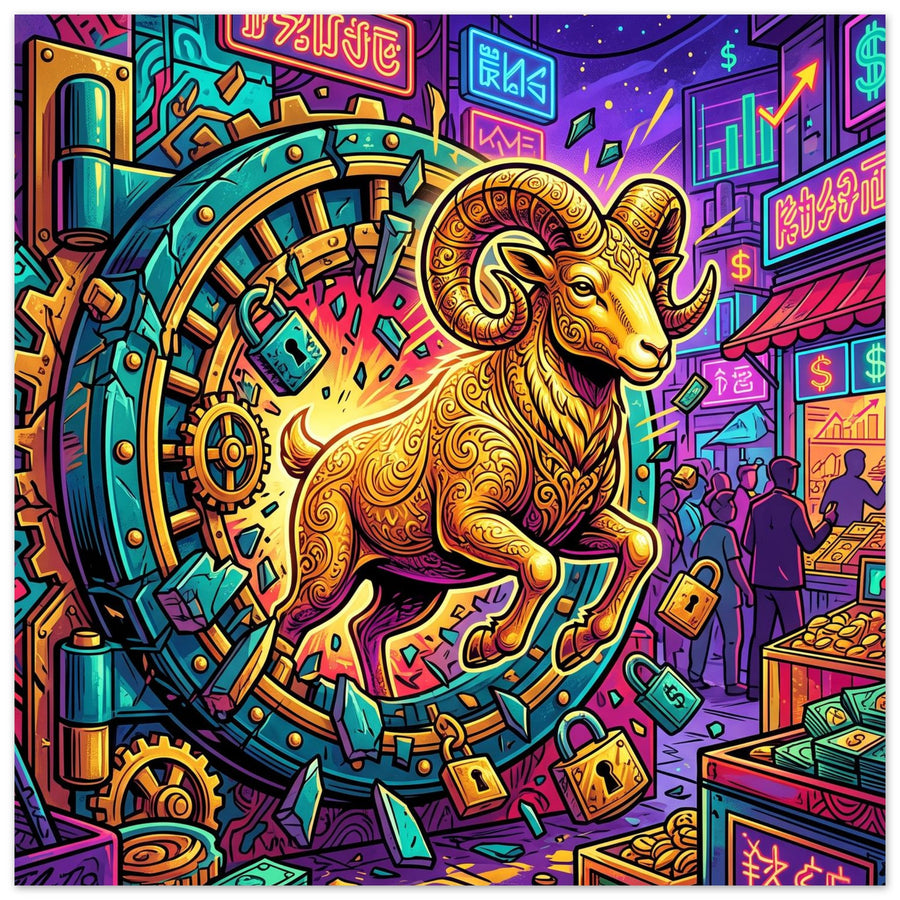 Golden Ram Vault Breaker | Foam 30×30 cm (12×12 in) – Square — Foam Wall Art — product image 1