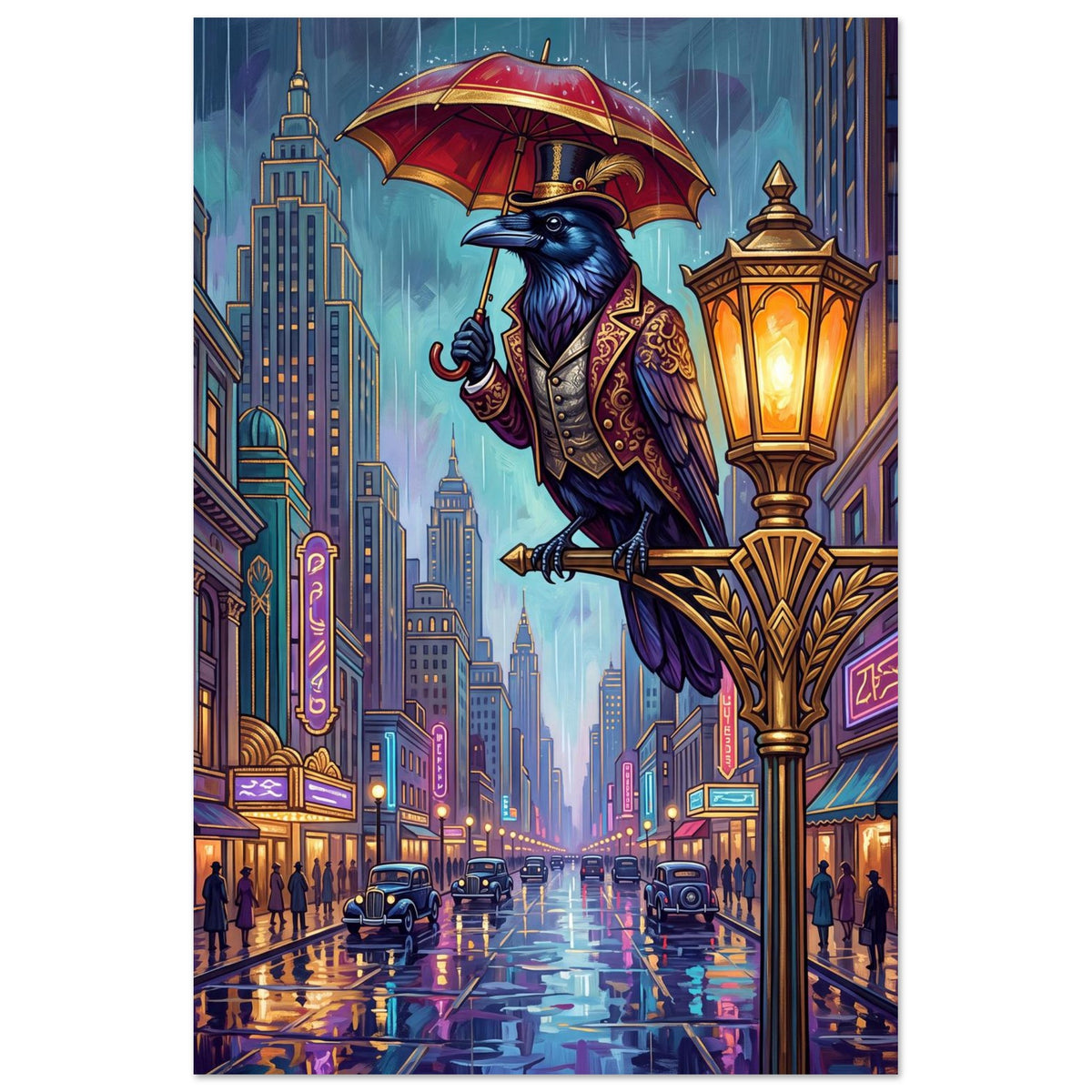 Raven over Art Deco – Rainy Gold Avenue | Foam 50×75 cm (20×30 in) – Portrait — product image 1