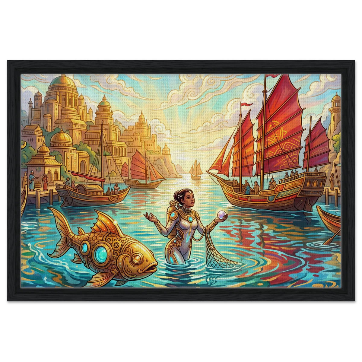 Harbor of Pearls – Turquoise Gold Adventure | Framed Canvas 40×60 cm (16×24 in) – Landscape — product image 1