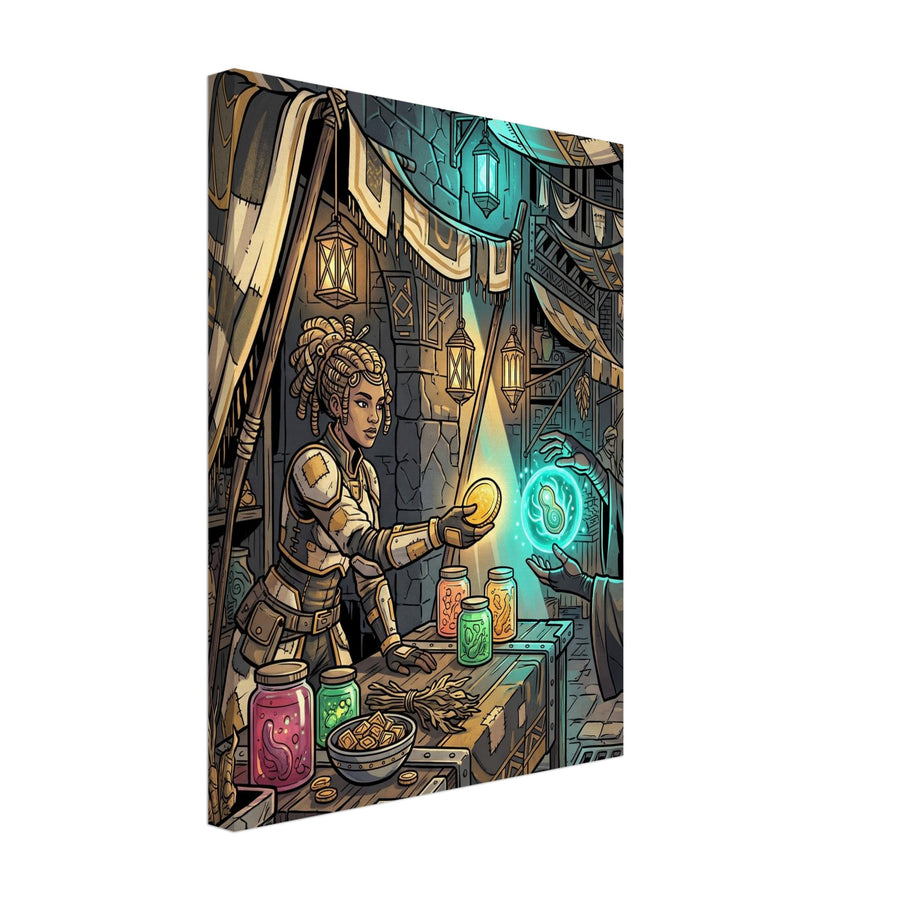 Fantasy wall art depicting a female alchemist holding a glowing sphere in a colorful workshop with bottles, tools and turquoise details; Canvas, 30×40 cm, portrait format.