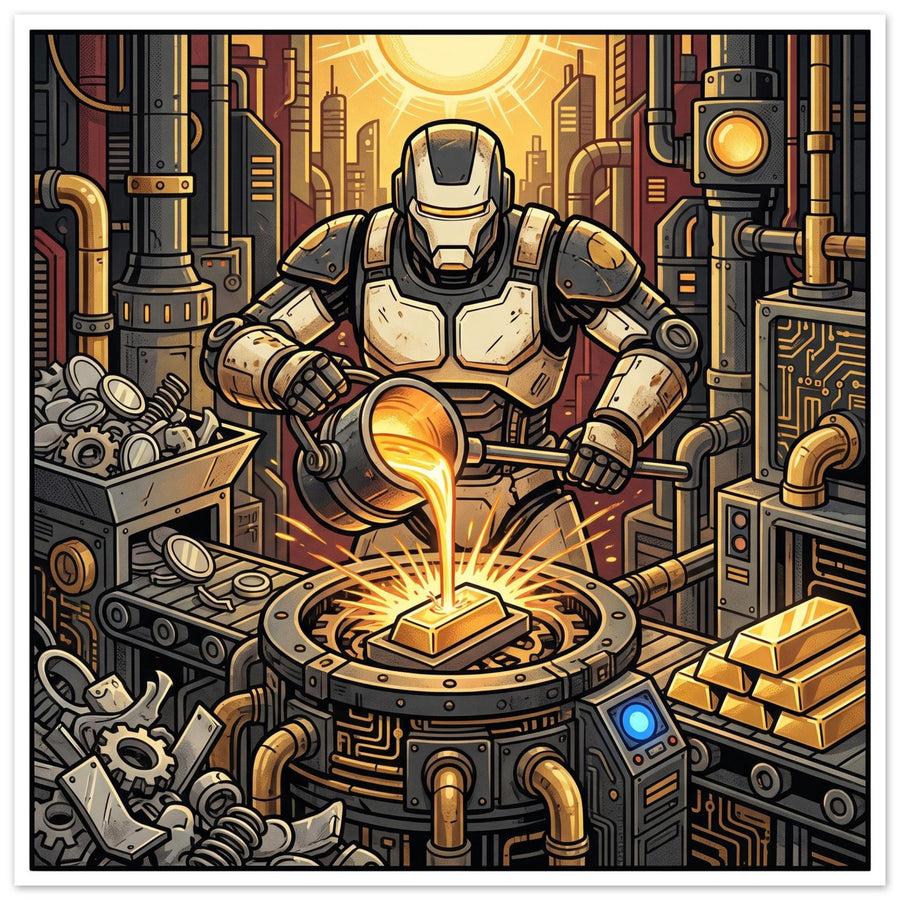 Fantasy wall art depicting a powerful smith working beside a blazing forge with molten liquid gold and warm firelight; Foam Board, 30×30 cm, square format.