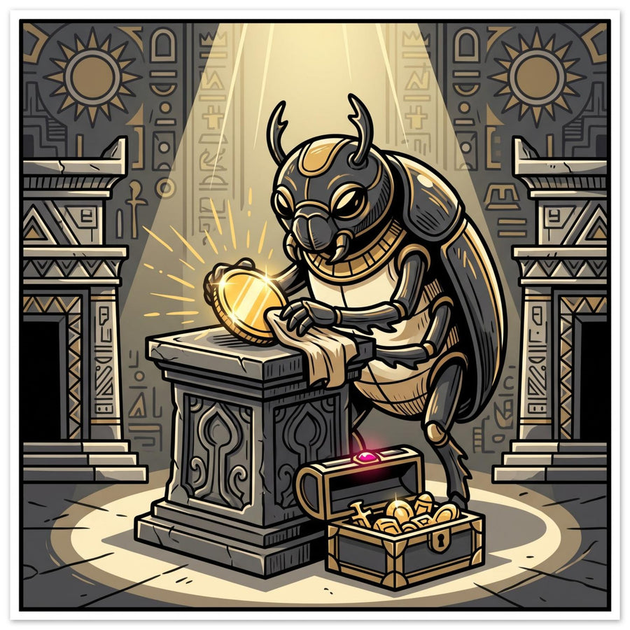 Fantasy wall art depicting a dark guardian holding a bright glowing golden core against deep shadowy surroundings; Foam Board, 20×20 cm, square format.