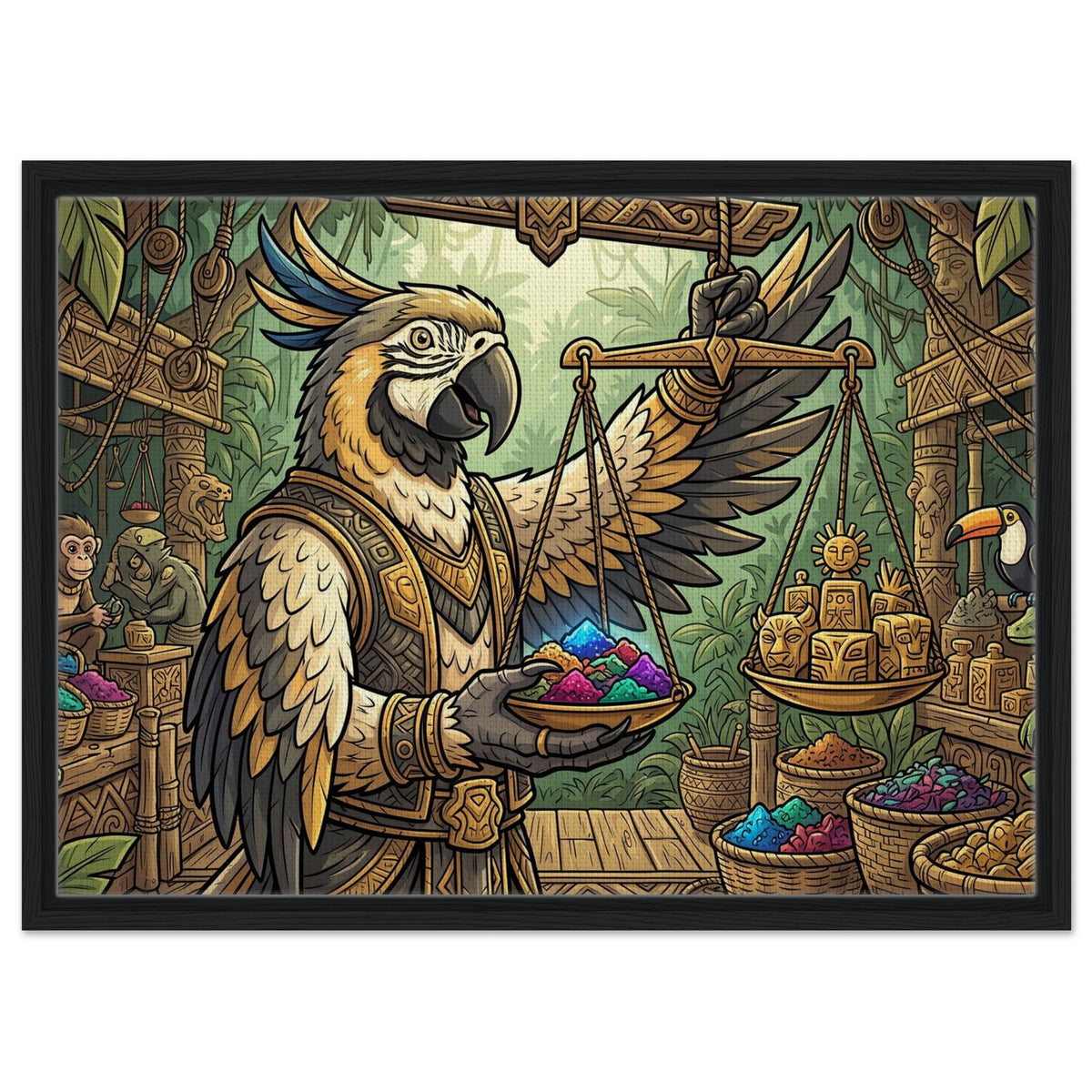 The Bird Keeper of the Colorful Treasure – Framed Canvas 50×70 cm (19.7×27.6 in) – Landscape — product image 1