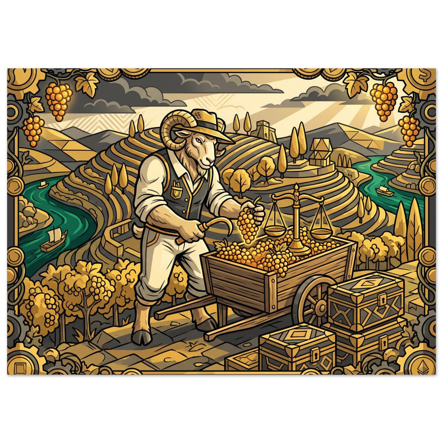 Fantasy-Wandbild: ein Schatzsucher in einer weiten goldenen Mine und Landschaft, Aluminium, 50×70 cm, Querformat.