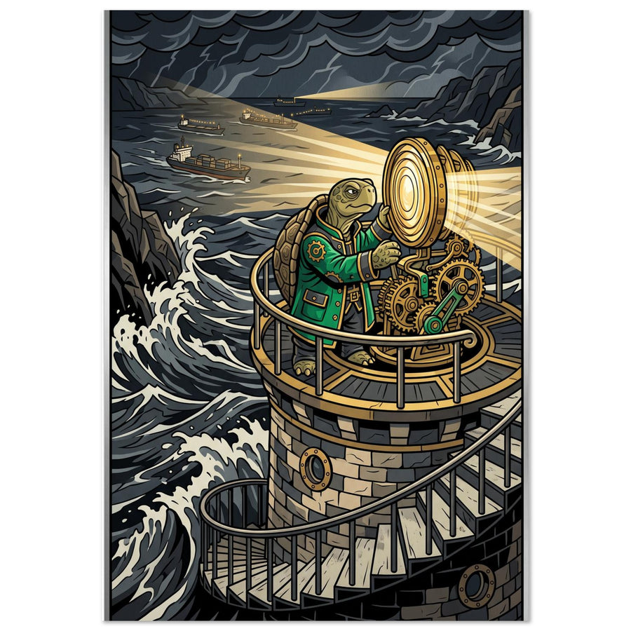 Fantasy-Wandbild: ein goldener Schatz an Bord eines Schiffes im Sturm, Aluminium, 70×100 cm, Hochformat.