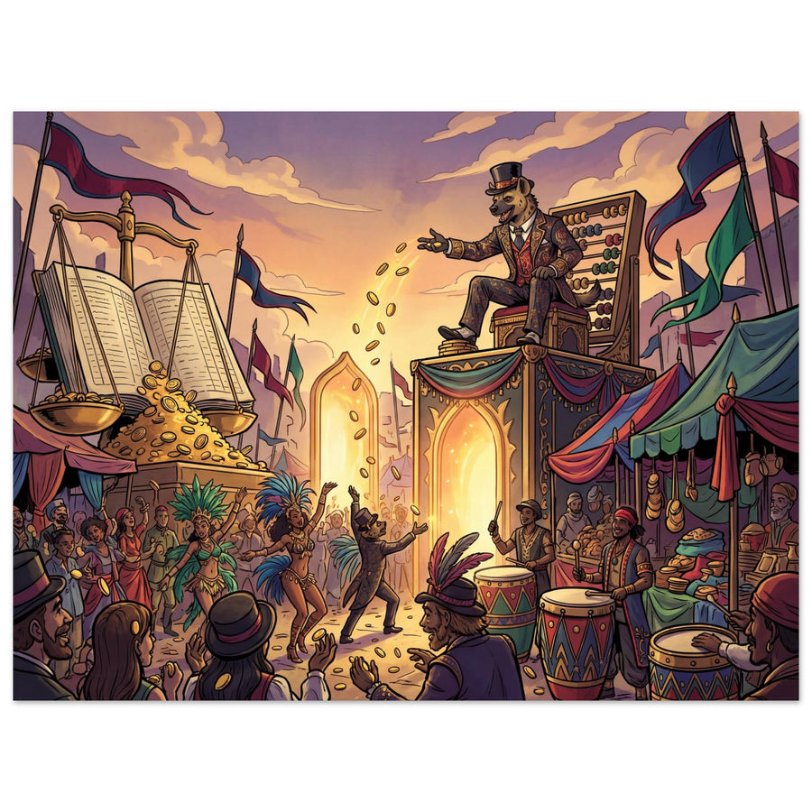 Fantasy-Wandbild: ein bunter Fantasiemarkt mit Luftschiff und goldenem Abendlicht, Foam, 60×80 cm, Querformat.
