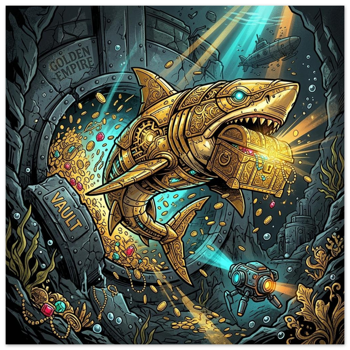 Golden Shark Treasure Salvager | Foam 60×60 cm (24×24 in) – Square — Foam Wall Art — product image 1